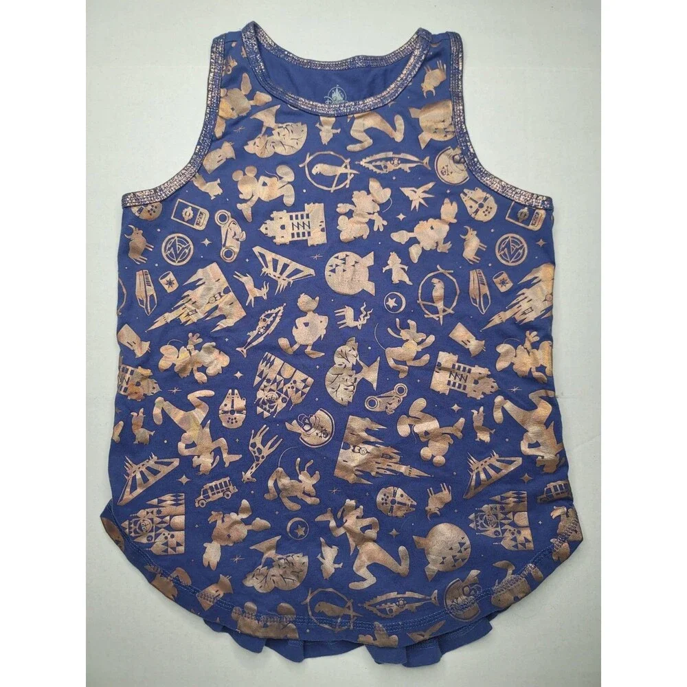 Disney Parks 50th Anniversary Girls Tank Top Blue Gold Foil Mickey Minnie Large